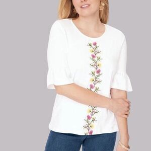 BLAIR Women Sz MEDIUM Embroidered White Casual Wear Flounce Sleeves Roomy Shirt